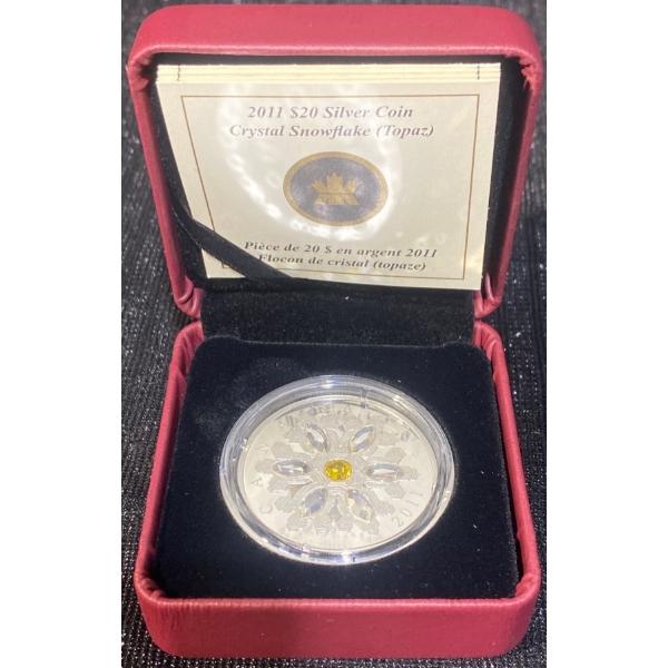2011 $20 Swarovski Topaz Crystal Snowflake Fine Silver Coin 31.39 Grams