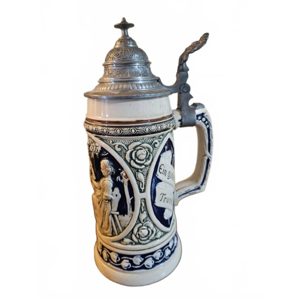 German Stoneware Beer Stein With Pewter Lid, 0.5L