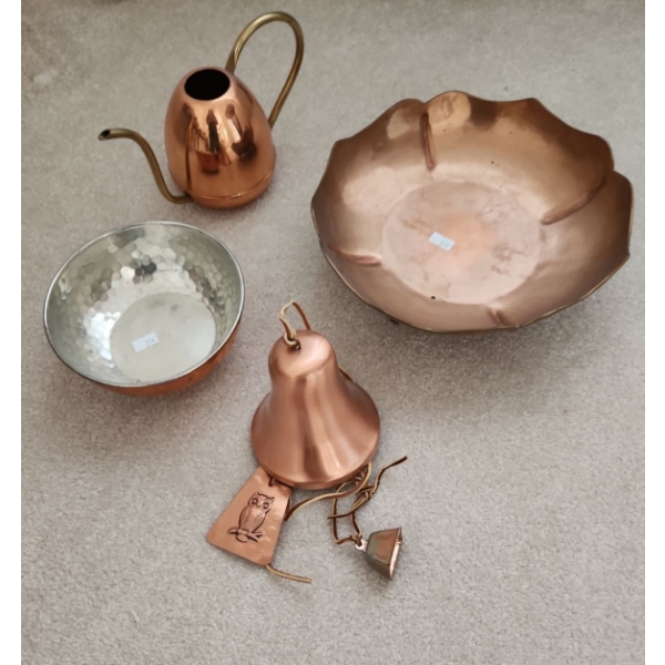 Copper Decor: Watering Can, Hammered Bowl, Footed Bowl 10", 4 T, Bell Chime 5 T (Height of Bell)