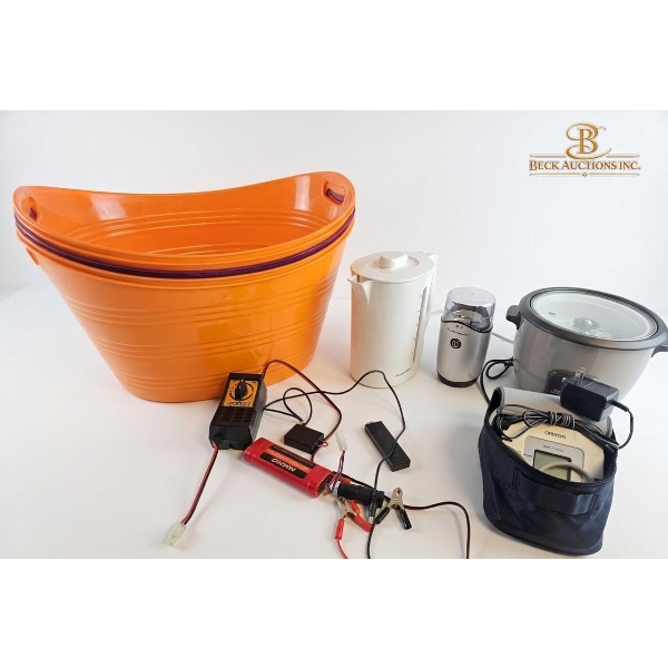 Plastic Storage Tubs 20''IN H, A White Electric Kettle,A Spice Grinder, A Rice Cooker, And More.