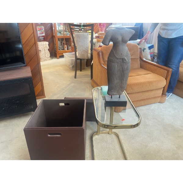 Brass and Glass End Table, Sculpture, Glass Coasters. Table is 20" High, Sculpture 20", Storage Otto