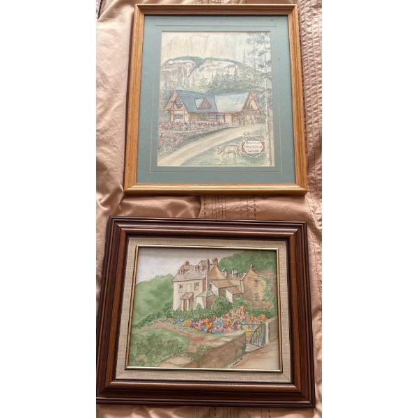 Lovely Sketch/Watercolor By Linda 91' ; Cornish Village & Buffalo Mountain Lodge (Largest is 16x13)