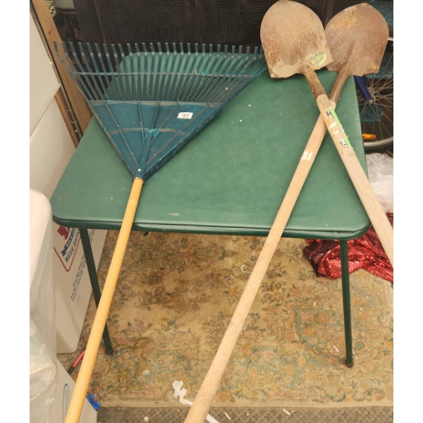 2 Shovels and 1 Leaf Rake with Wooden Handles