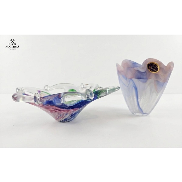  Murano Glass Pieces, Handcrafted Handkerchief-Style Dish And A Matching Vase. Vase 5''INCHES H 