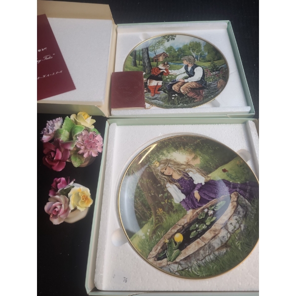 Collection of Plates and Two Porcelain Flower Miniatures 