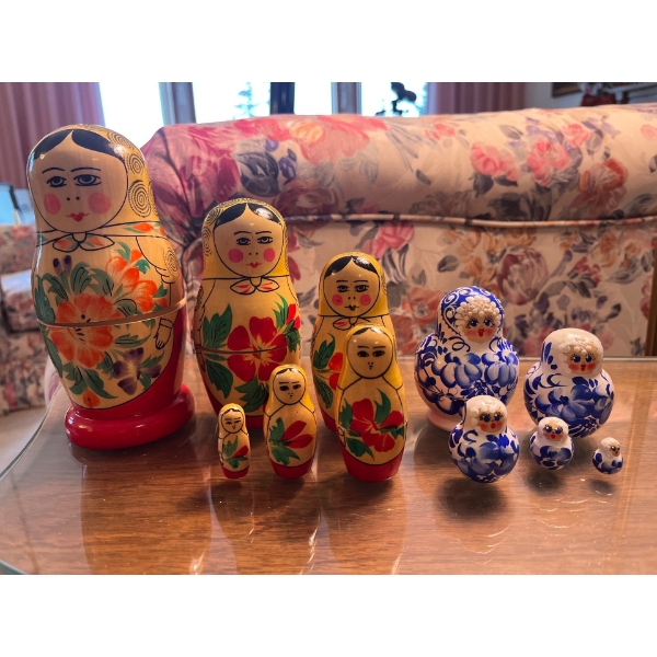 set of two nesting dolls made in the USSR the red one is 6” blue one is 3”