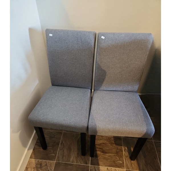 Four Dining Chairs w/ Grey Upholstery Covers 17 W, 18.5 D, 35 T 