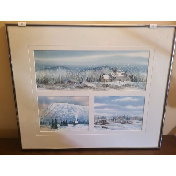 Group of 3 Winter Scene Paintings- Artist Willie Wong, 21 X 18 Framed Under Glass 