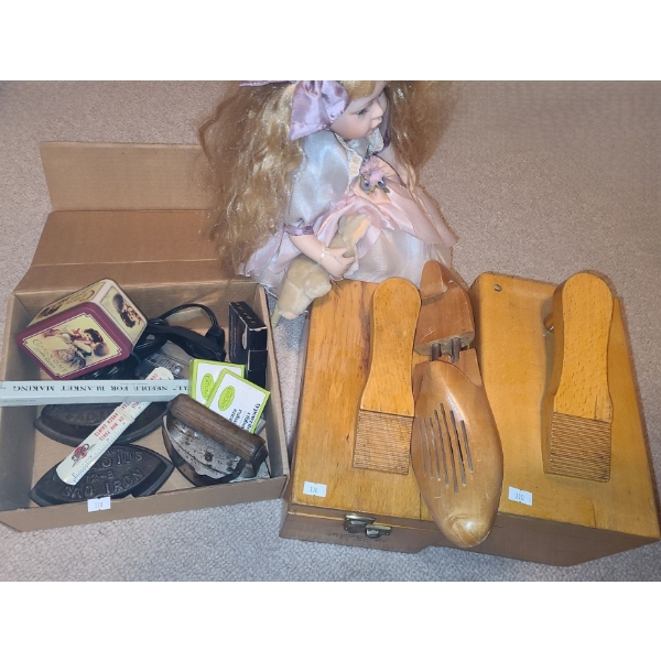Antique Irons, Vintage Electric Iron, Shoe Shine Boxes , Seated Doll 16 T (While Seated)