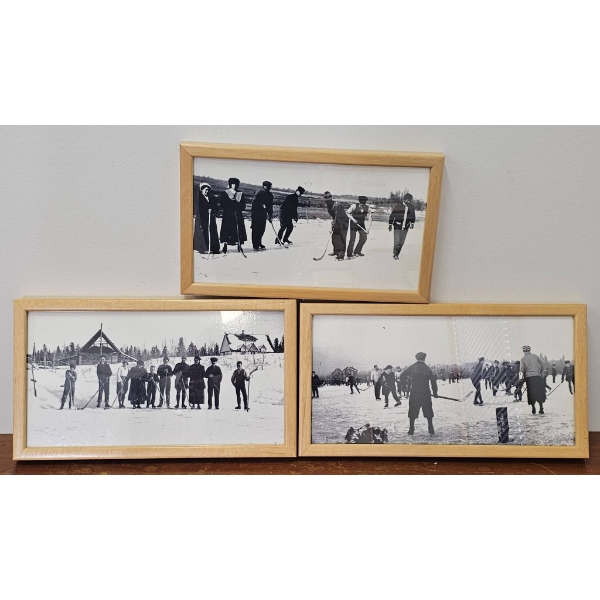 Three Framed Black and White Vintage Hockey Photos