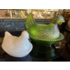Image 1 :  vintage Indiana glass green carnival coloured nesting chicken with small milk nesting chicken