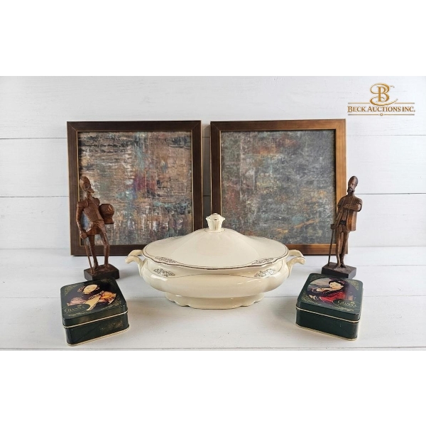 Vintage Covered Serving Dish , Wooden Figurines , Metal Tin Collectible , Framed Paintings