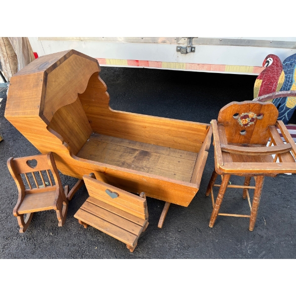  wood cradle with highchair, small bench and small doll rocking chair