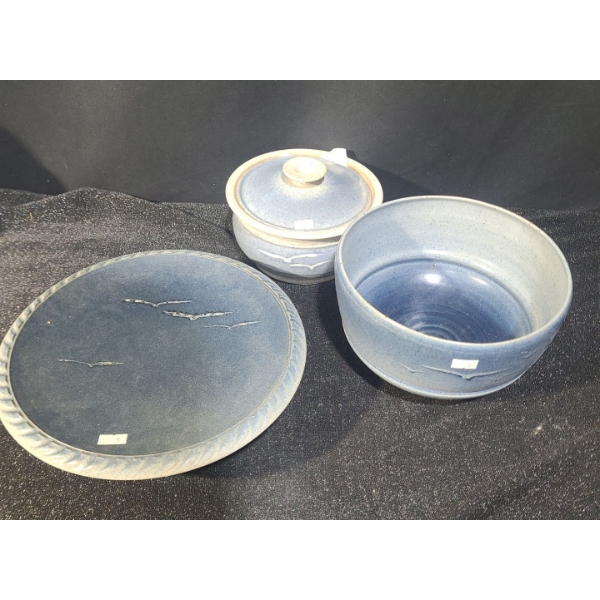 Assorted Pottery: Cake Plate 11" Diameter, 3 T, Bowl 9" Diameter and Covered Dish 