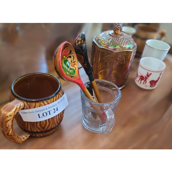 Vintage Depression Glass Lidded Candy Dish, Mugs, Old Foley Vase, Horn Spoons, & Wooden Spoons