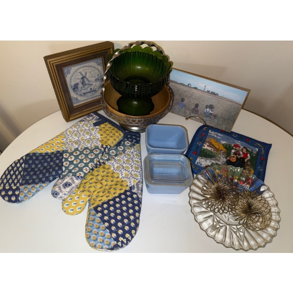 Assorted Vintage Kitchen Items- oven mitts, Pyrex dishes, Wall art & Ashtray & More