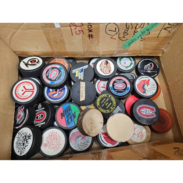 Various Hockey Pucks with Logos and Designs