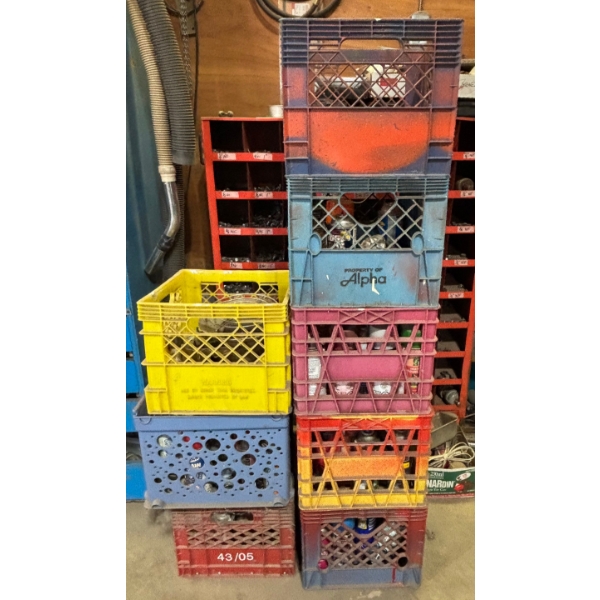 8 milk crates with miscellaneous items in them. Everything is sold together