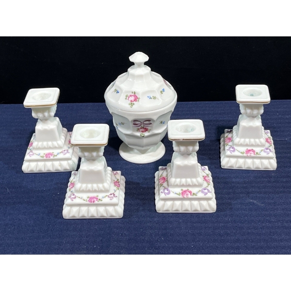Set of Handpainted Ceramic Candle Holders and Candy Dish