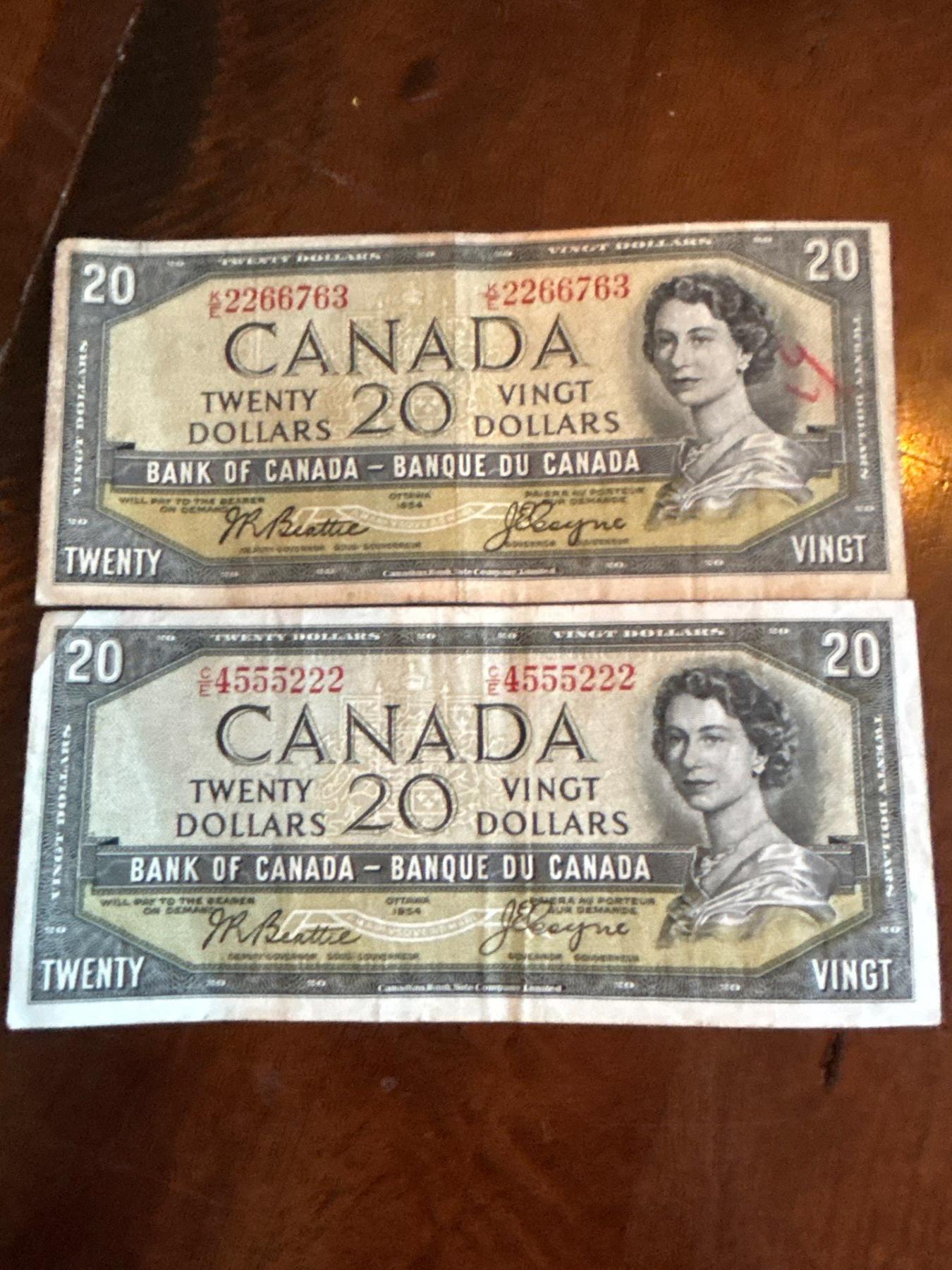 Cadian Notes Canadian 20$ Banknotes X 2 From 1954 1 With Devils Face