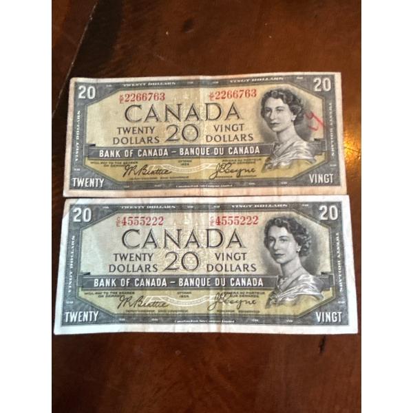 Canadian 20$ Banknotes X 2  From 1954 1 With Devils Face 