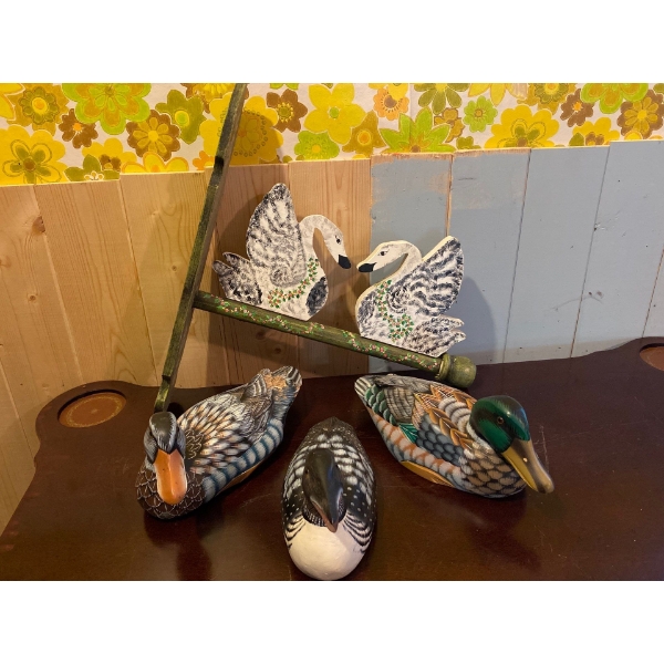 Collection of Wooden Duck Carvings and Swan Sign Hanger