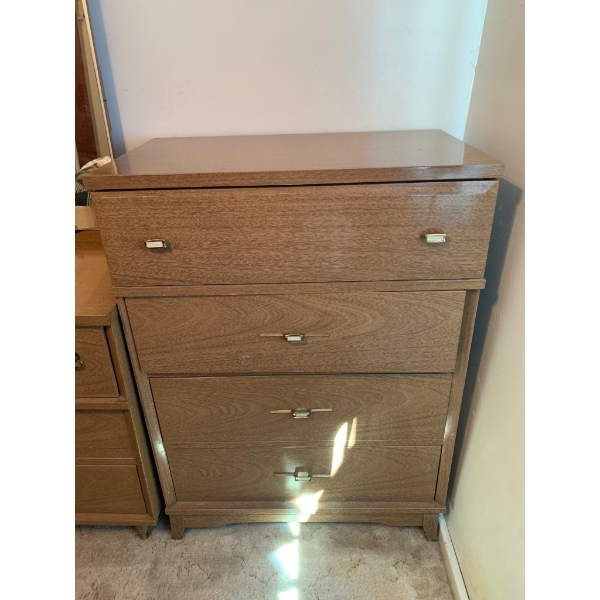 Mid-Century Wooden Dresser With Brass Accents and Drop-Front Drawer