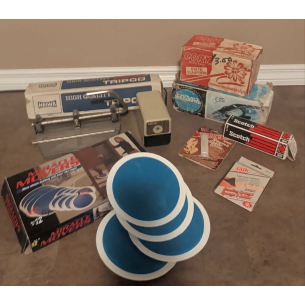 Vintage Gadget Collection - DYMO w/ Refills  Electric Pencil Sharpener Tripod Knife Sharpener 