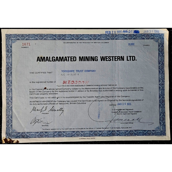Vintage Stock Certificate (1985, Amalgamated Mining Western Ltd.) #2