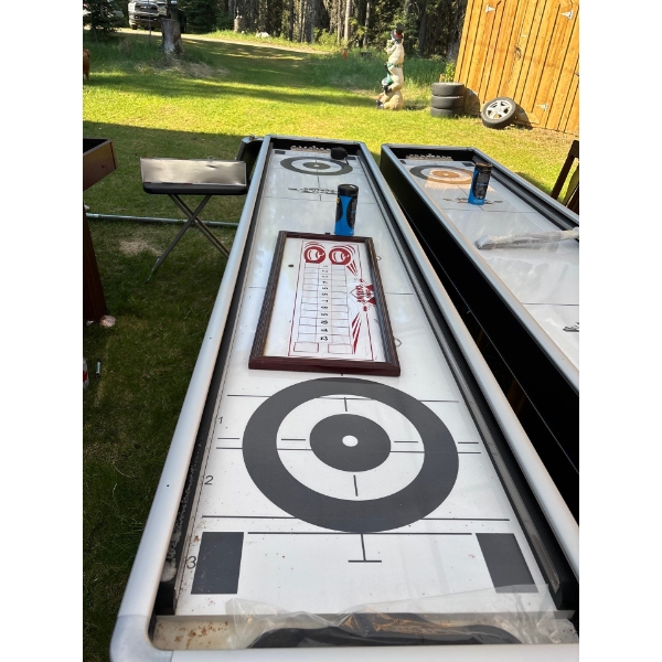 Cool Curling Shuffle Board With All Accessories Black Wood Legs W25" L 122" H 33" Like New 