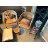 Image 1 : Two vintage wicker chairs with a TV tray, a small wicker foot rest and two wicker baskets and a love
