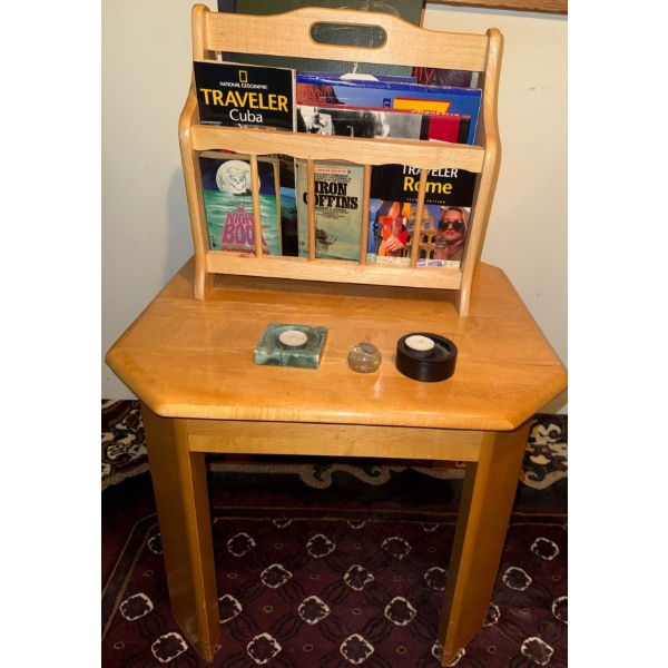 Oak End Table 24x24x26 & Magazine Rack Jam Packed w/ Travelors Brochures 