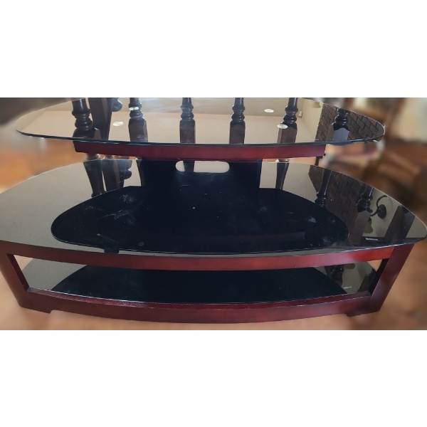 Cherry Finish MDF TV Stand w/ Black Glass Shelves 50 W, 19 D, 22 T 