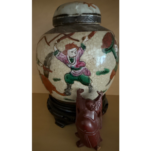 Antique Chinese Ginger Jar w/ Hand Painted Warrior Motif 9T