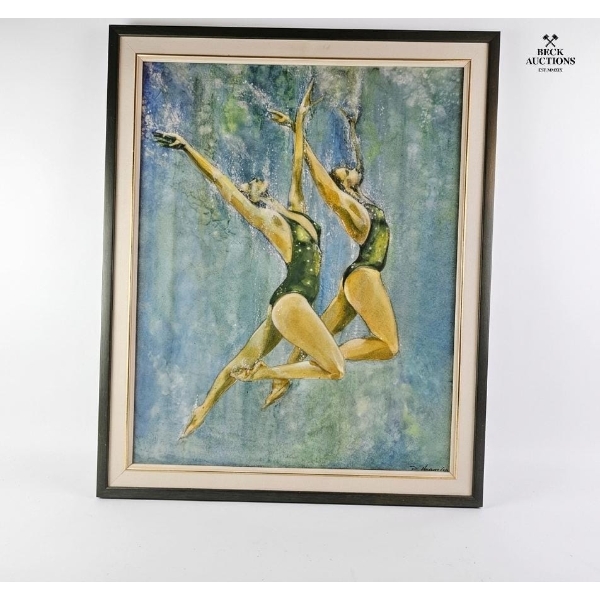 Painting Depicting Two Synchronized Swimmers Or Dancers In Green Swimsuits, , 28''*35''