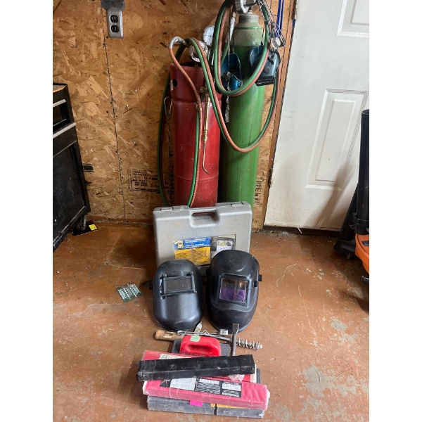 oxygen acetylene torch with tanks, welding, helmets, welding, rods, sparklers and gauges
