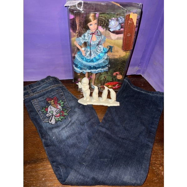 Ed Hardy Jeans, Alice In Wonderland Doll In Box, & Snow Babies Figurine 