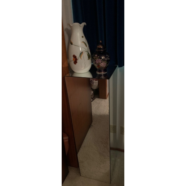 Mirrored Pedestal 42T w/ Decorative Italian Made Vase SI. AN. & Navy Blue Urn 