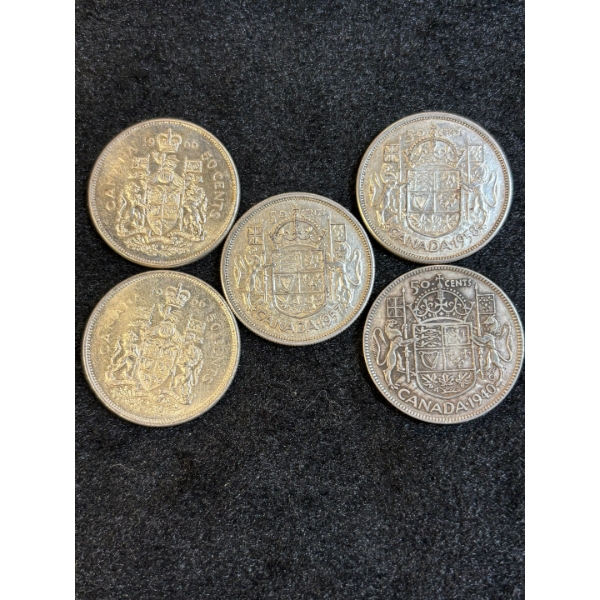 5 Canadian silver 50 Cent pieces  80% pure silver 58.30g various years