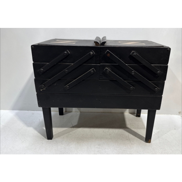 Antique 3 Tier Black Fold Out Sewing Box 19Wx10Dx16.5H