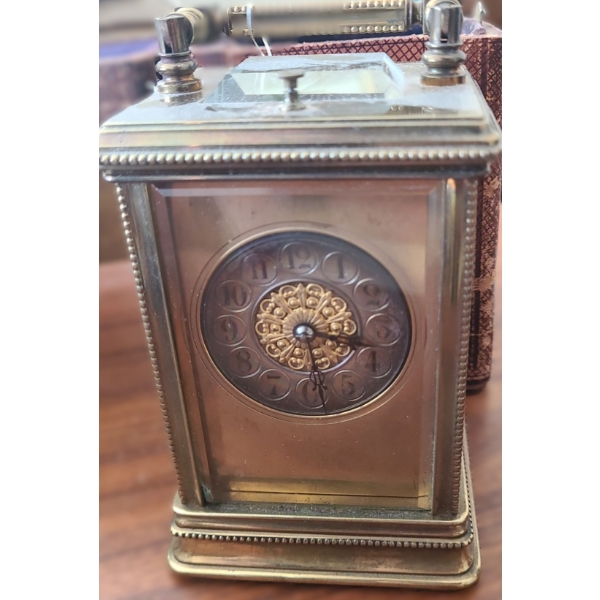 Antique Clock w/ Leather Case 4.5 W, 4.5 D, 6.5 T 