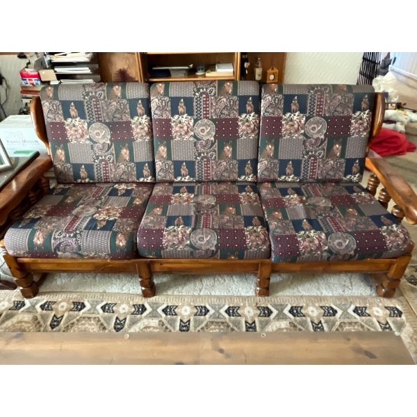 vintage retro, solid wood sofa, loveseat, and chair with reupholstered cushions and side chair all m