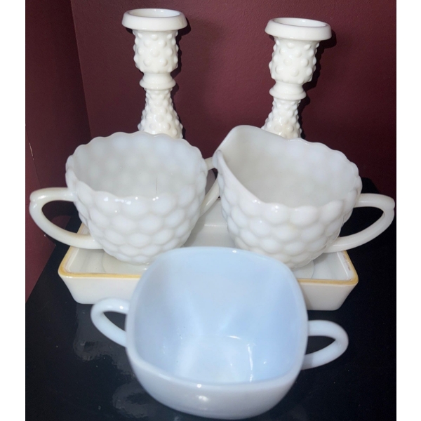 Anchor Hocking Milk Glass Collectibles - Hobnail & Bubble Pattern 
