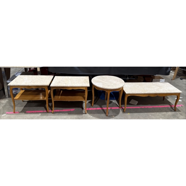 Set of Wood Tables with Marble Tops - 2 Side, Circle, Coffee Table  measured in descriptions