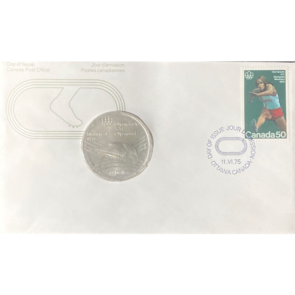 1976 Day of Issue Montreal Olympic Coin & Stamp 92.5% Silver 48.6 Grams
