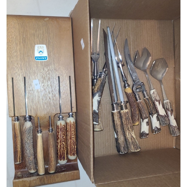 Flint Wooden Knifeblock, Assorted Stag Horn Knives and Utensils as Shown