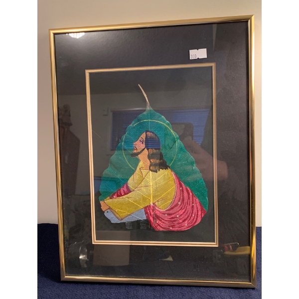 An Indian Curiosity, Hand Painted Leaves; Painting of Jesus - 11x14 
