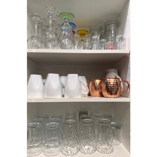 Assorted Hydration Vessels w/ Barware - Cupboard Contents 