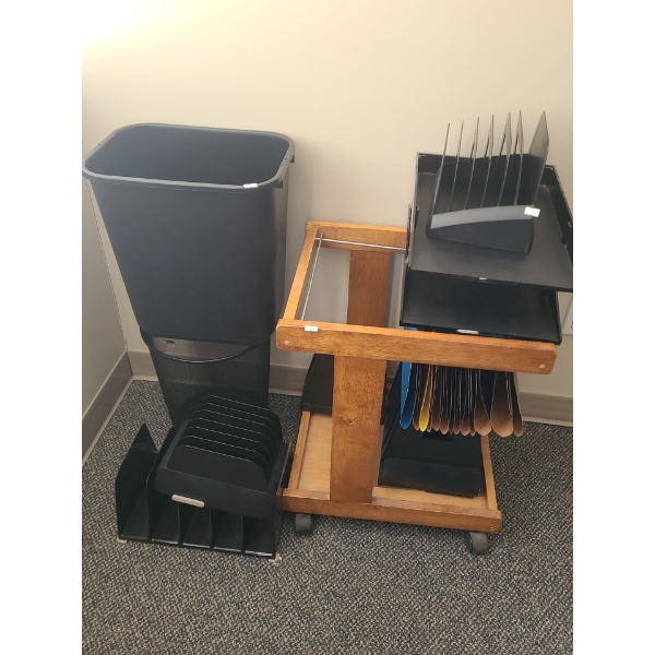 File Holder in Frame w/ Wheels 18 W, 15 D, 22 T, Garbage Pails, Desk Top Paper/ File Organizers