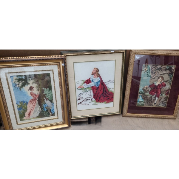 Needlepoint Art: Woman in Pink Dress 17.5 X 21.5, Jesus 18 X 22, Boy in Red 17 X 21.5 